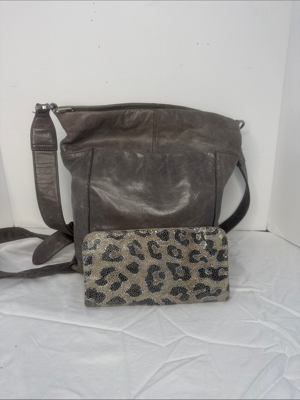 Leather Crossbody Bag with Leopard Print Wallet - Gray and VIDA WALLET - Picture 1 of 15